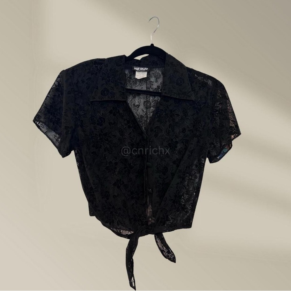 Vintage Black Tie Front Cropped Blouse